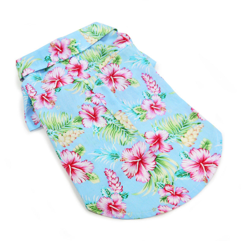 Light blue dog shirt with tropical floral print, short-sleeve polo style