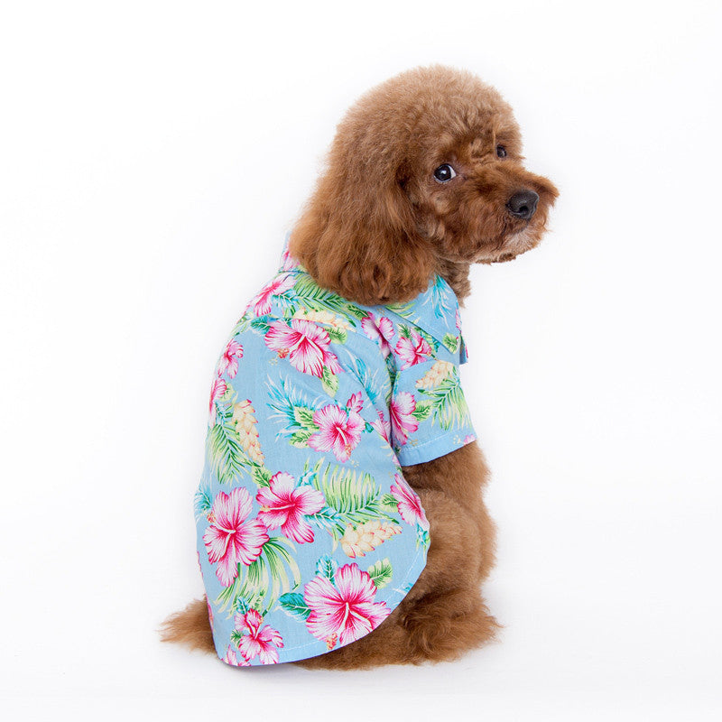 Light blue tropical dog shirt with pink hibiscus flowers, short sleeves