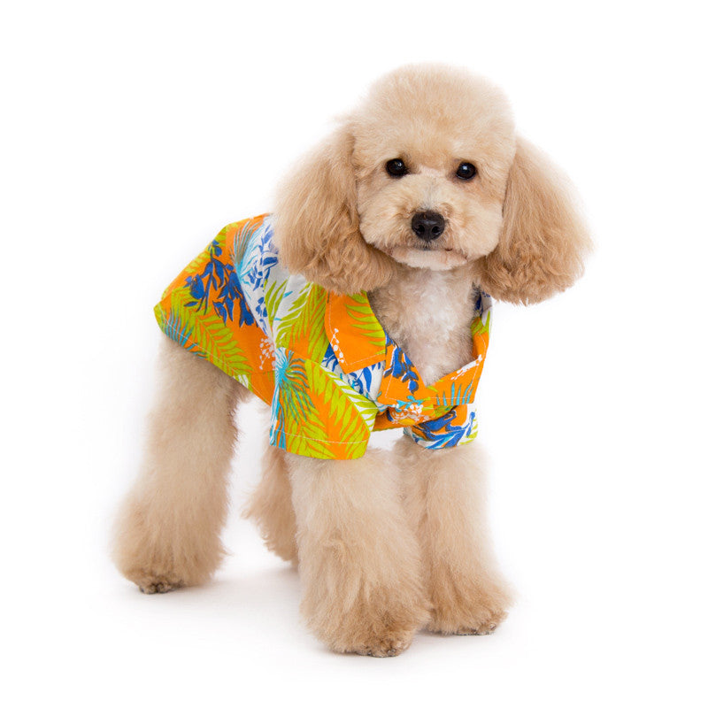 Orange tropical-print dog shirt with blue and green palm leaves and lizard motifs