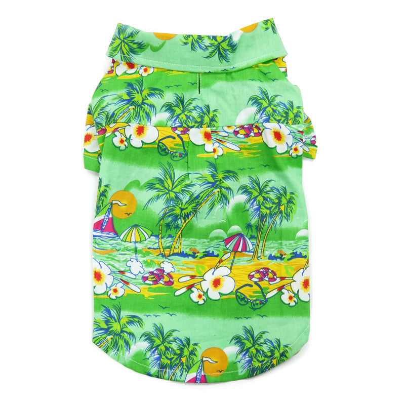 Green tropical island dog shirt back view with palm and flower print; parrot accents