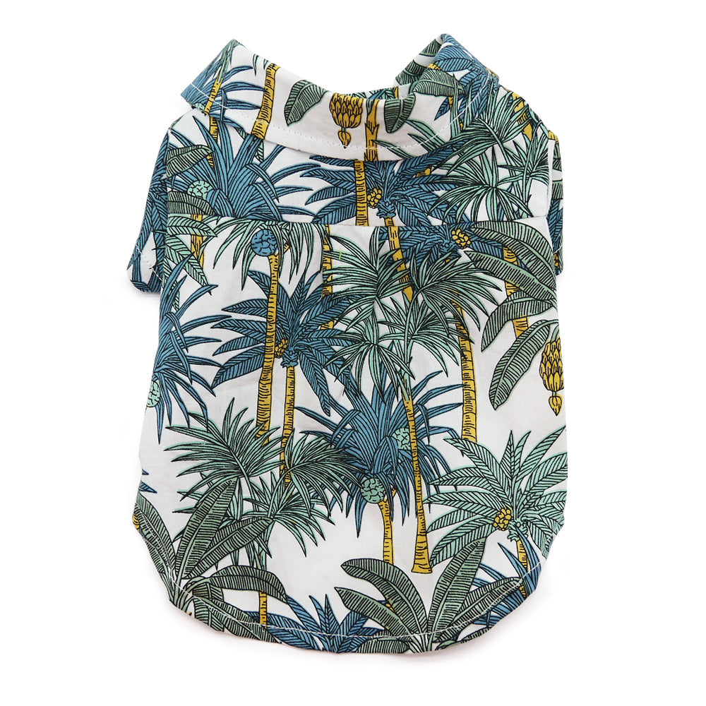 Dog shirt featuring tropical leaf and banana print with button front, white base