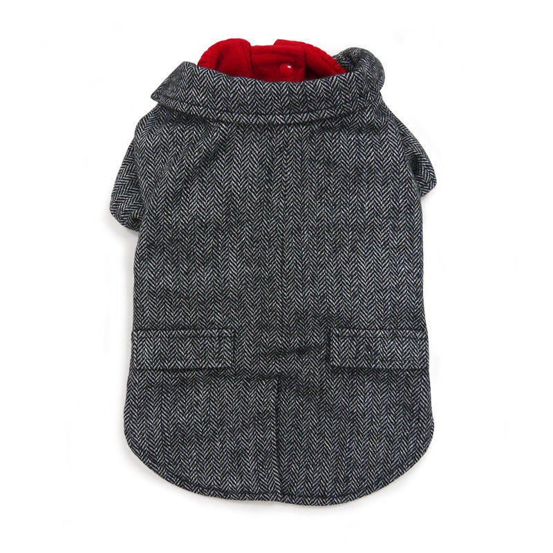 Gray herringbone tweed dog coat with red-lined hood and buttoned back