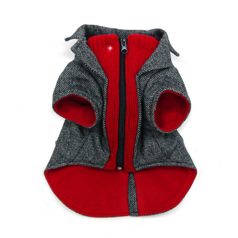 Gray tweed dog blazer coat with red interior, black zipper, and round arm openings