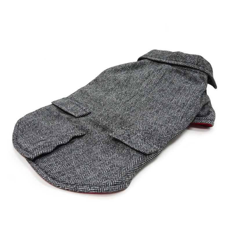 Folded gray herringbone tweed dog coat with raised collar and exposed seam details