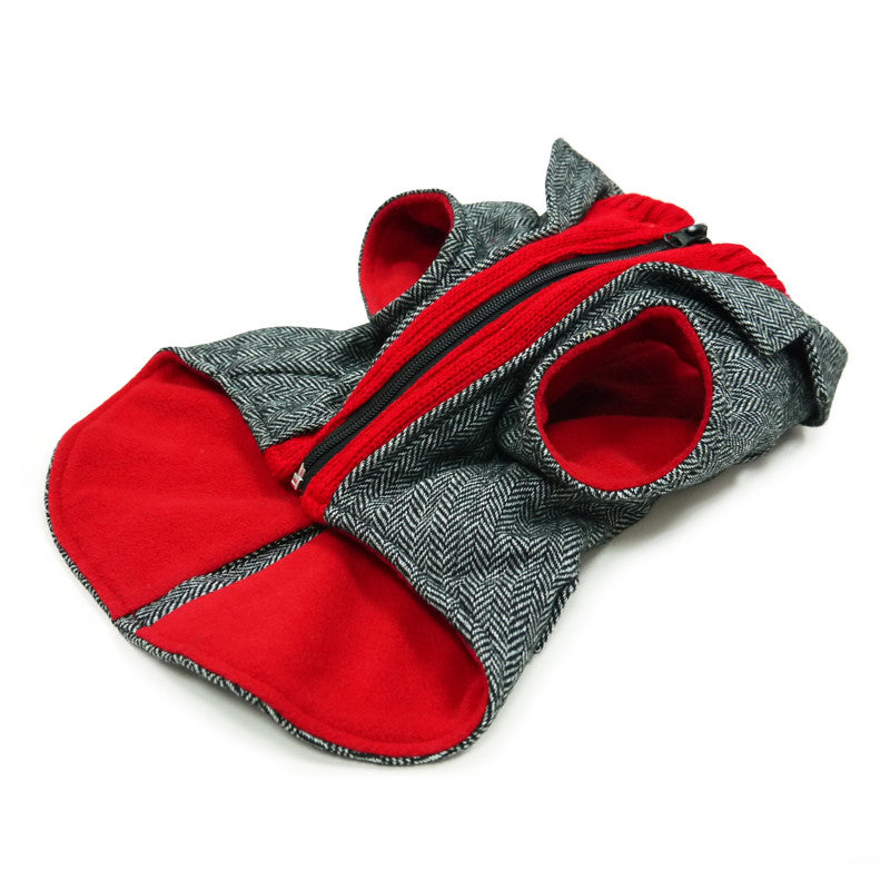 Gray tweed dog blazer coat with red lining, black zipper stripe, and red paw openings