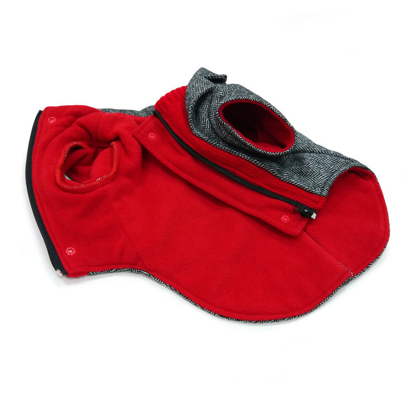 Red underside dog blazer coat with gray tweed collar and buttoned strap detail