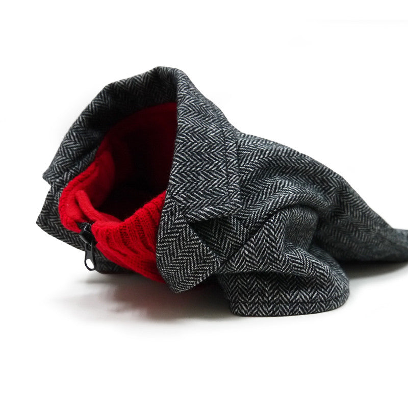 Gray tweed dog coat with red interior hood opening and black zipper edge detail