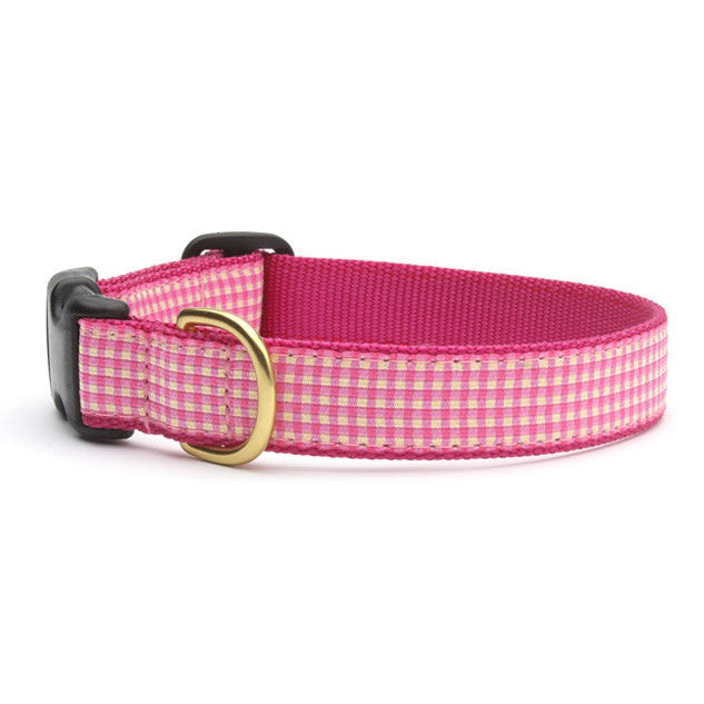 Pink gingham dog collar with black backing and brass buckle