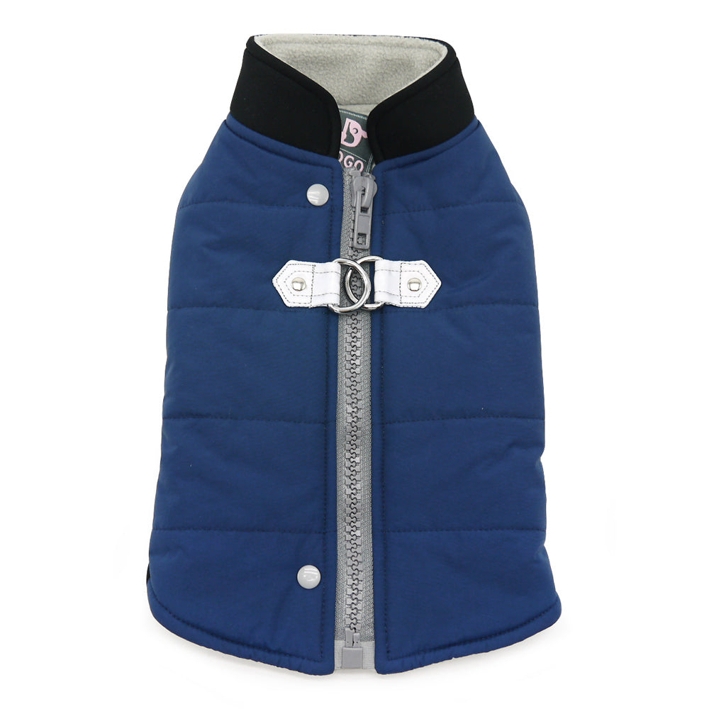 Blue padded dog coat with hood, zipper front, and snap buttons