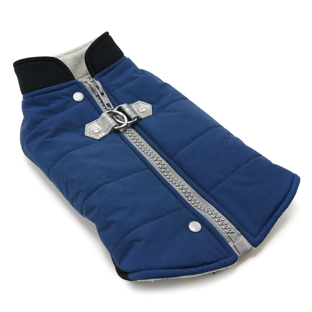 Blue dog coat angled view with front zipper, metal buckles, and snap button closure.