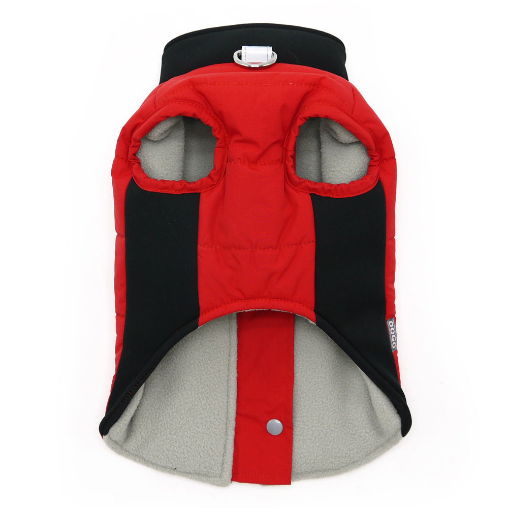 Red and black dog coat with two hood openings and gray inner lining panel
