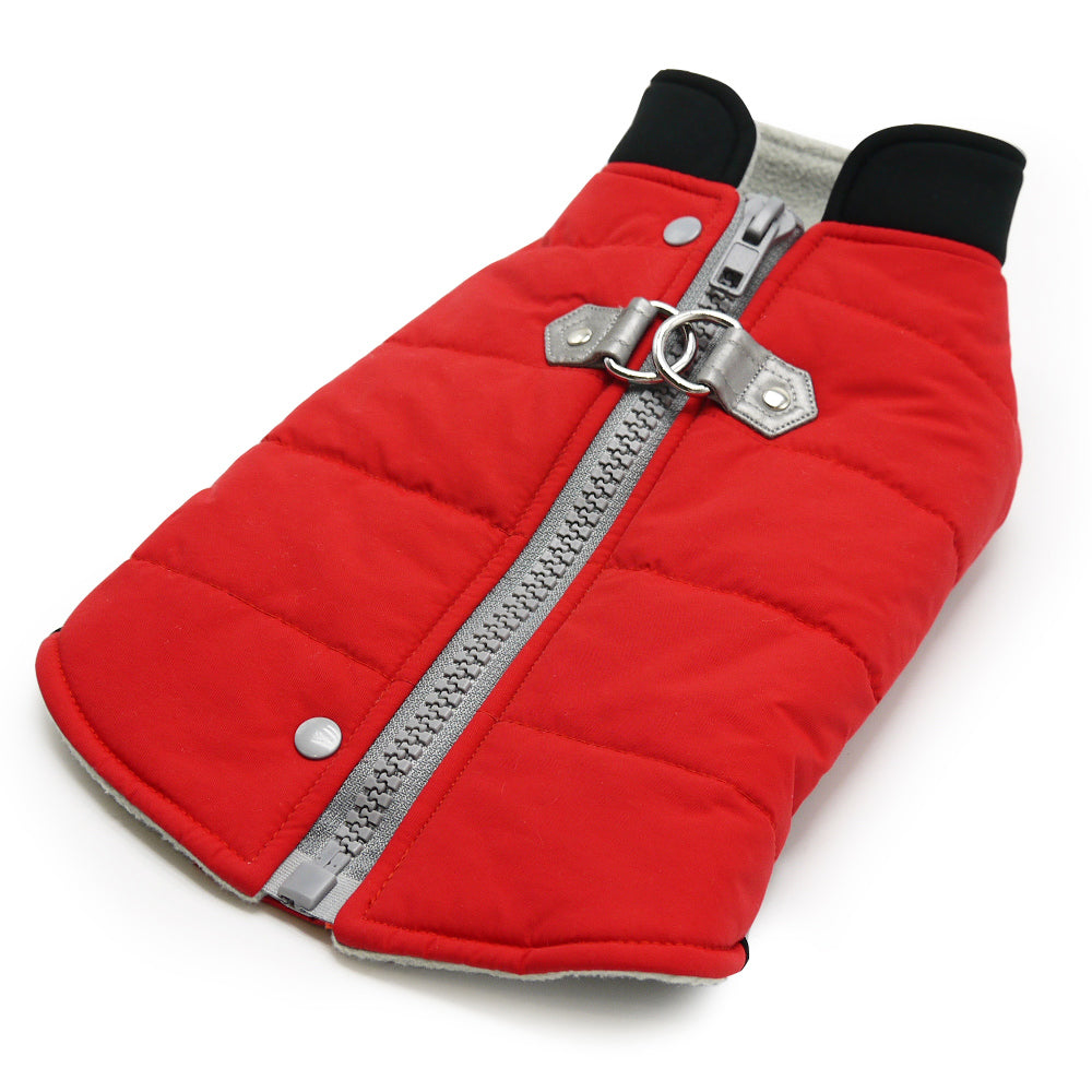 Red quilted dog coat with gray zipper and snap-button accents, front view