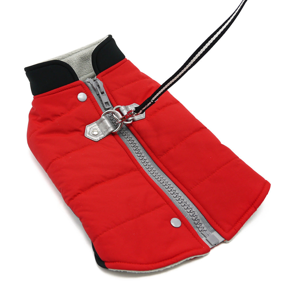 Red padded dog coat with gray zipper, metal snap details, and black collar edge