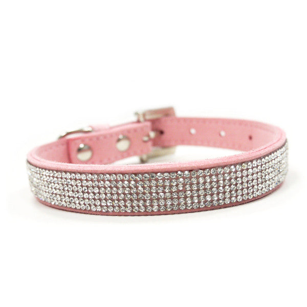 Pink rhinestone dog collar with silver sparkle band and metal buckle, adjustable strap