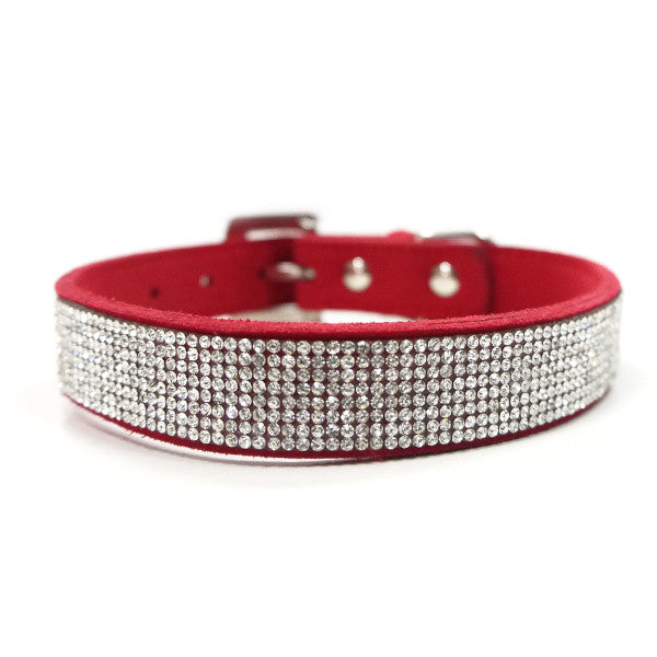 Red rhinestone dog collar with metal buckle and D-ring, wide sparkling band