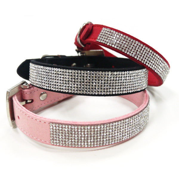 Pink and black rhinestone dog collars with silver crystal rows and metal buckles