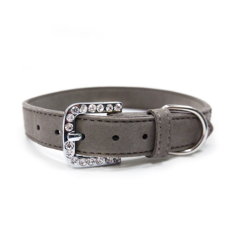 Gray dog collar with rhinestone buckle plate and metal D-ring