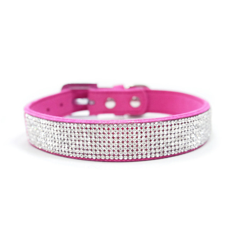 Fuchsia dog collar with wide rhinestone crystal band and adjustable buckle