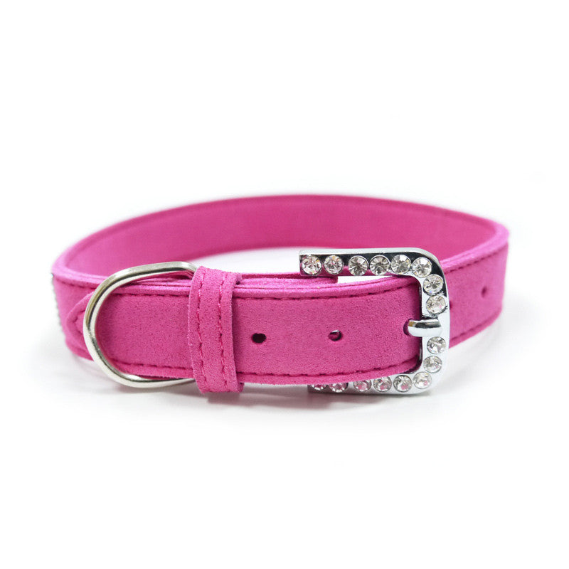 Fuchsia dog collar with metal D-ring, rhinestone buckle, and stitched strap