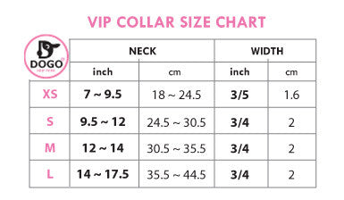 VIP collar size chart table with neck and width measurements