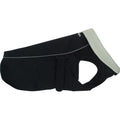Warm black dog coat with adjustable strap and pale trim around neck opening
