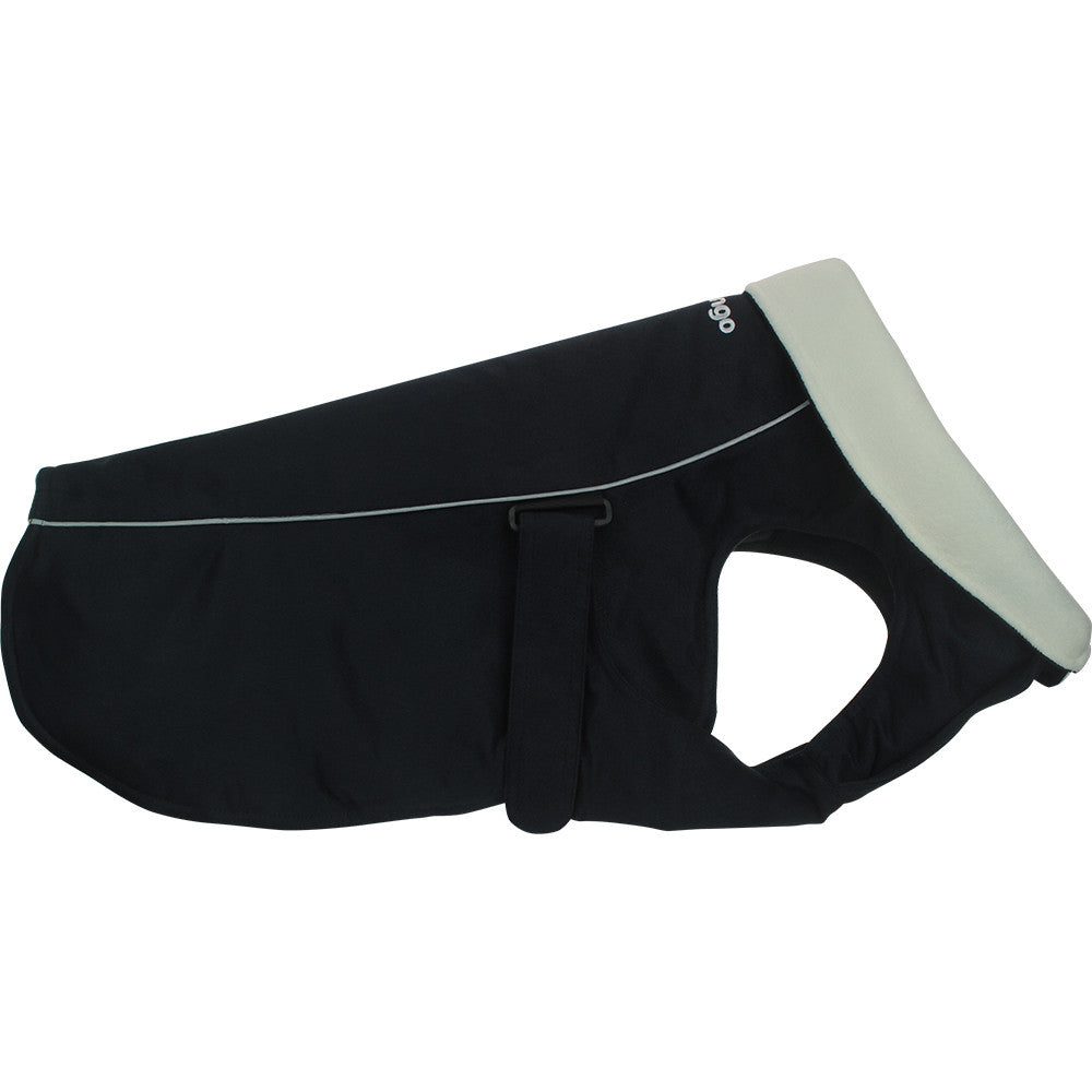 Warm black dog coat with adjustable strap and pale trim around neck opening