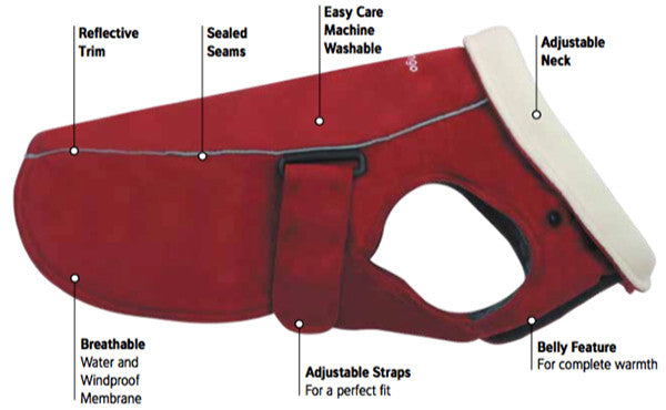 Red warm dog coat with adjustable neck, reflective trim, and belly strap for fit