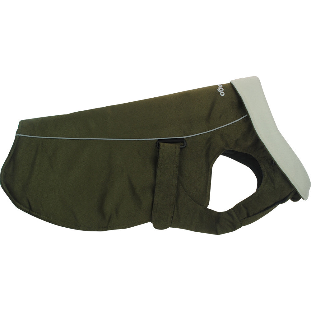 Olive green warm dog coat with reflective trim and adjustable belly strap