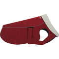 Red warm dog coat with light collar, belly strap, and cutout for front leg