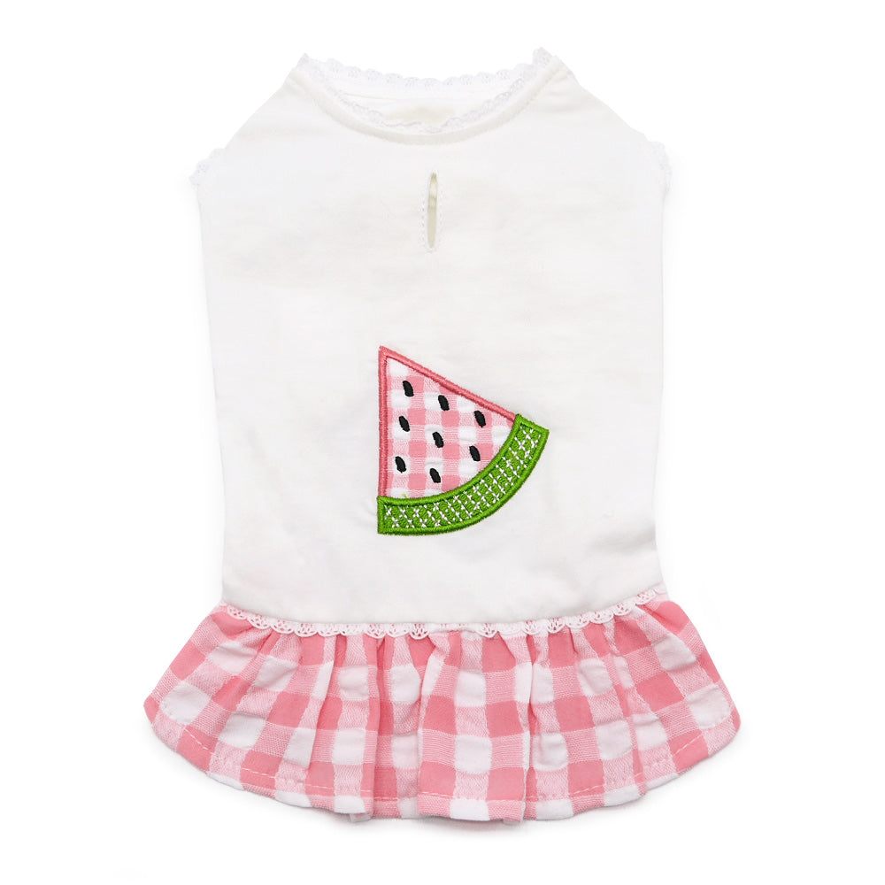 Dog shirt dress: white bodice with watermelon slice patch and pink gingham layered skirt
