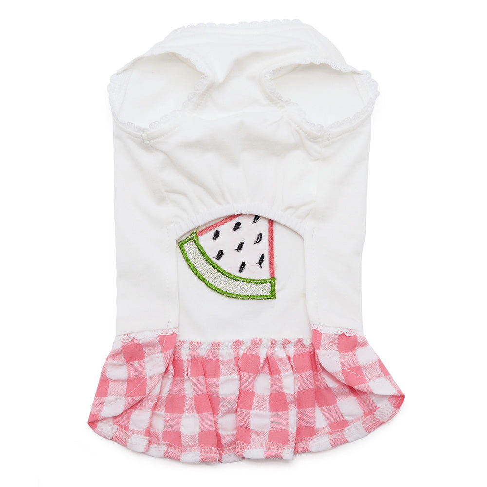 Dog dress back view with watermelon slice applique and pink gingham ruffled hem