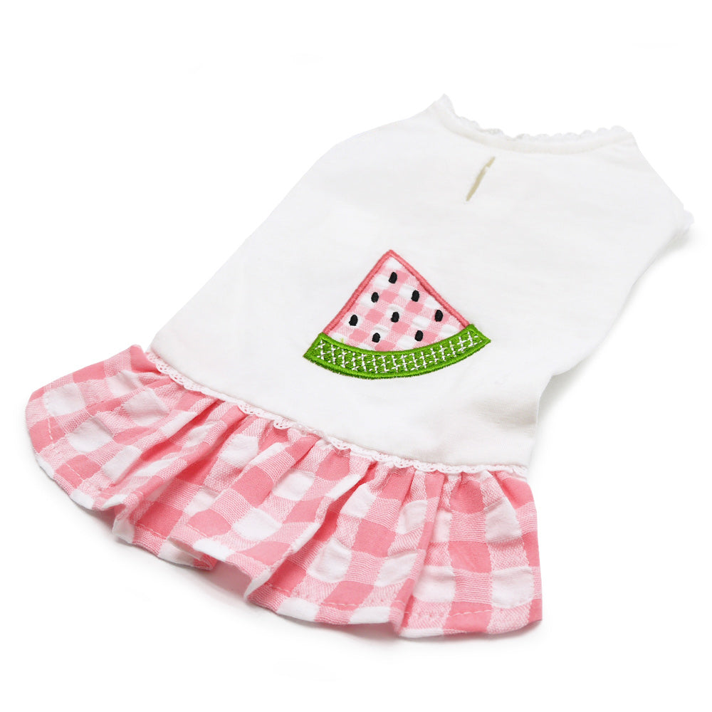 Dog dress in white with watermelon slice applique and pink gingham flared skirt