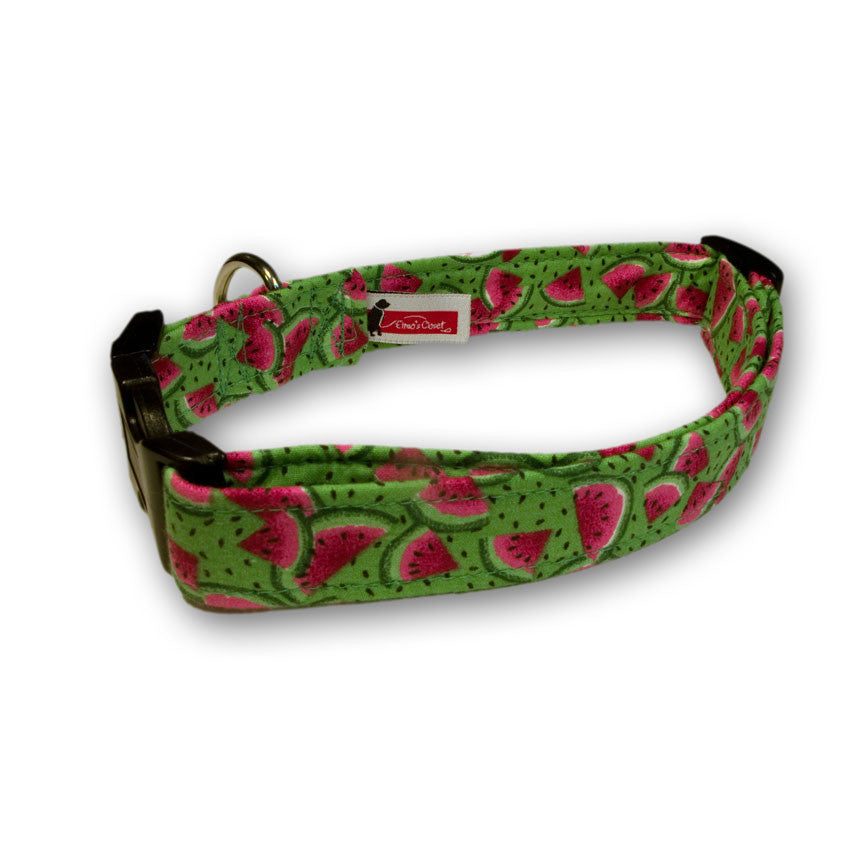Green dog collar with watermelon print, adjustable buckle and metal D-ring.