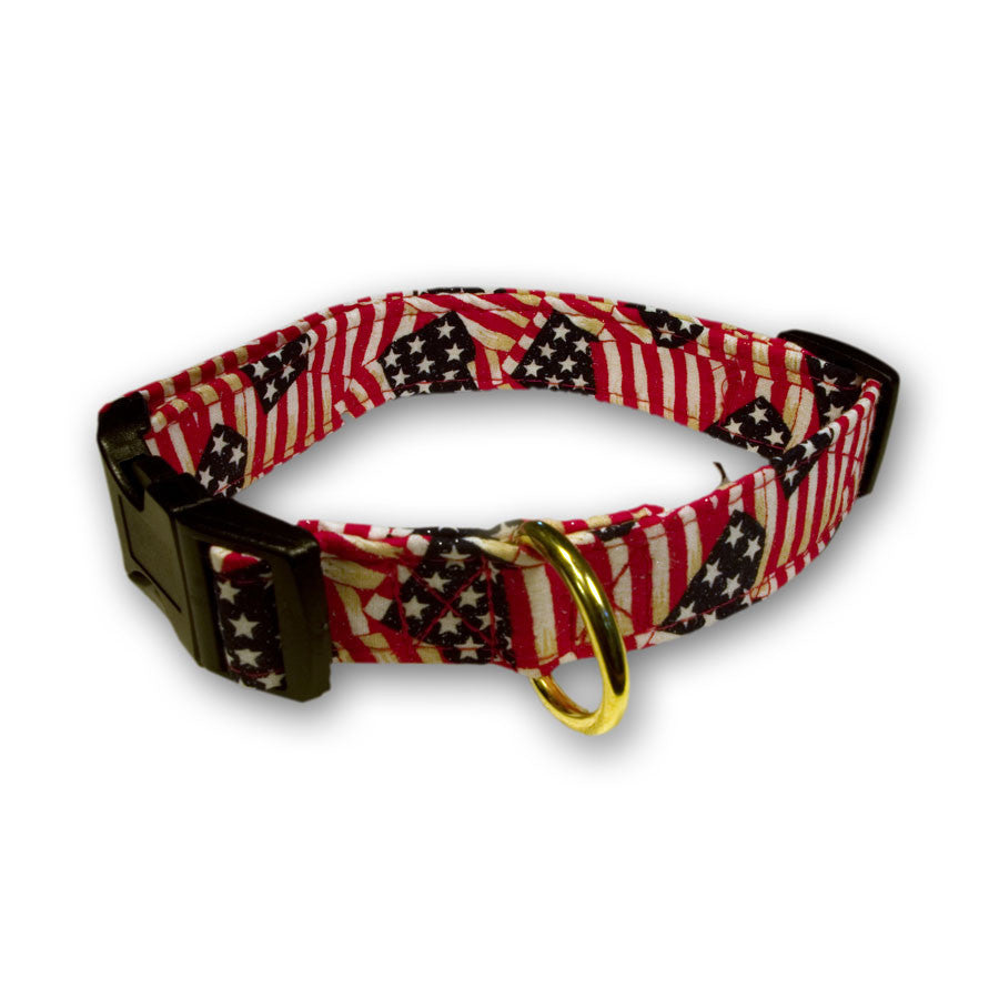 Patriotic waving-flags dog collar, black trim, gold buckle; stars and stripes