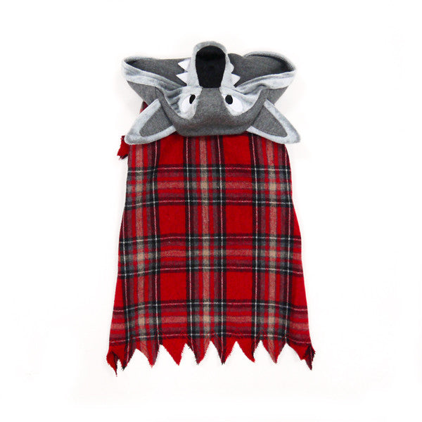 Dog costume tunic in red plaid with gray wolf hood, ears, and jagged fringe hem.