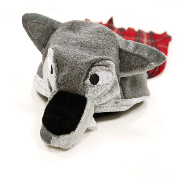 Gray wolf plush hood with black nose over red plaid dog costume, side view.