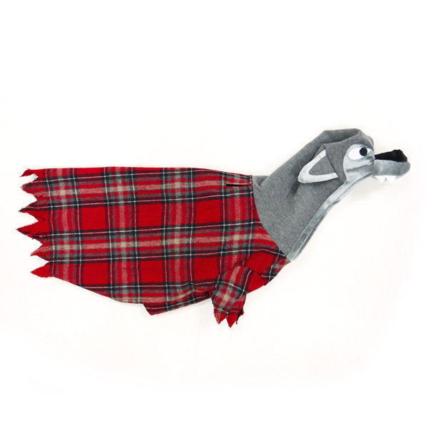 Red plaid dog costume with gray wolf head hood and jagged fringe at hem.