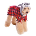 Dog halloween costume: red plaid dress with gray wolf hood and pointed ears.