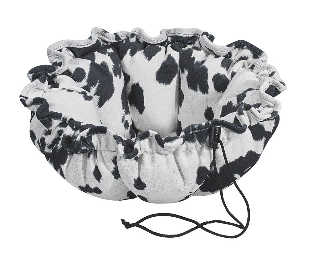 Wrangler round cow-print dog bed with gathered ruffle edge and drawstring ties