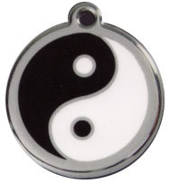 Red Dingo yin-yang dog ID tag close-up, black and white enamel on stainless steel, top hole